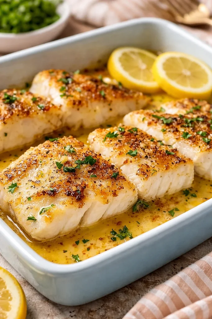 Baked cod fillets topped with lemon and garlic, served on a plate.