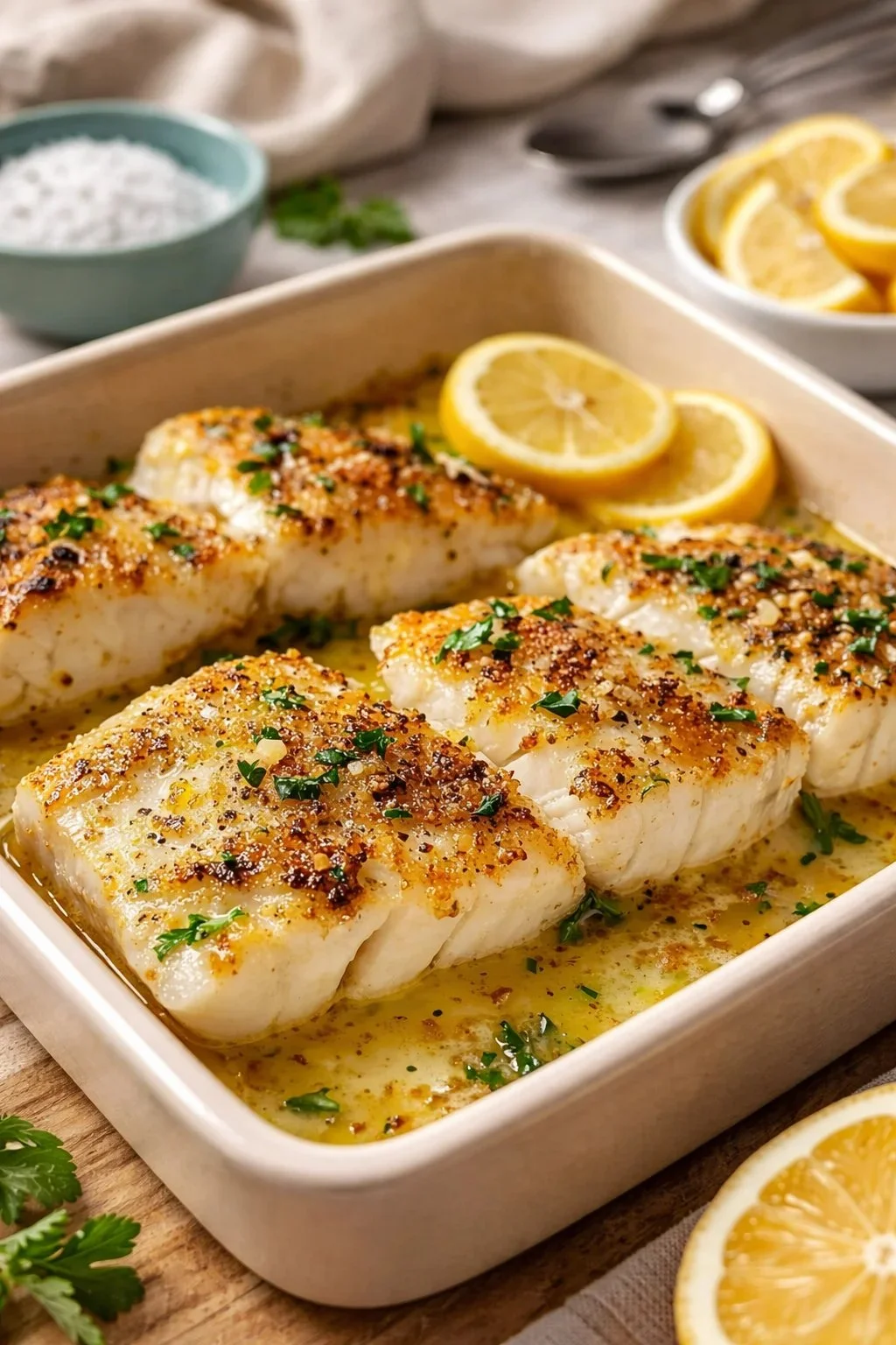 Baked Cod with Lemon and Garlic Baked cod topped with lemon and garlic, served on a plate.