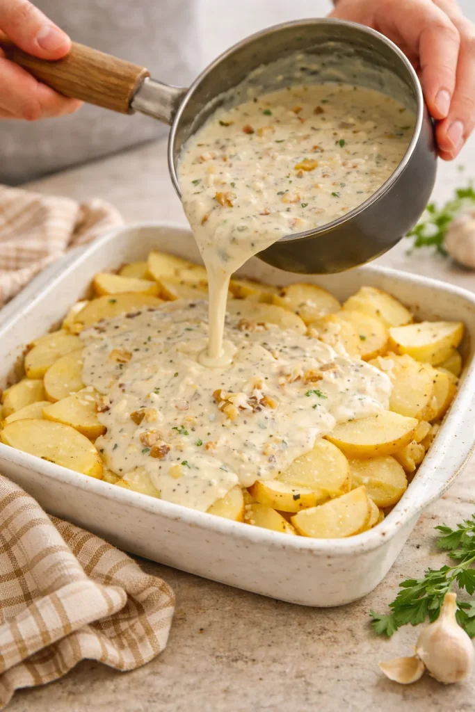 Delicious baked potato casserole topped with cheese and green onions