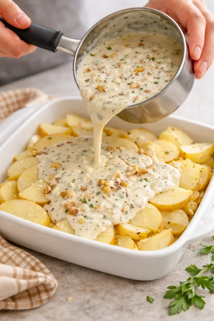 Baked potato casserole with creamy sauce layered in a baking dish