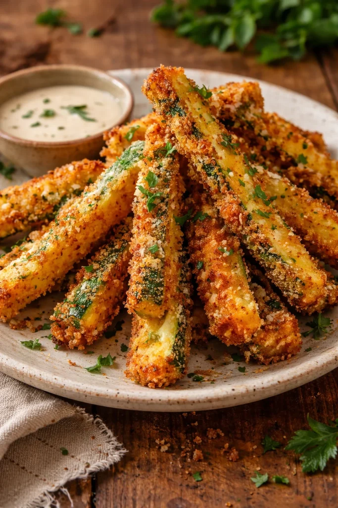 Baked zucchini fries served on a plate, crispy and golden brown.