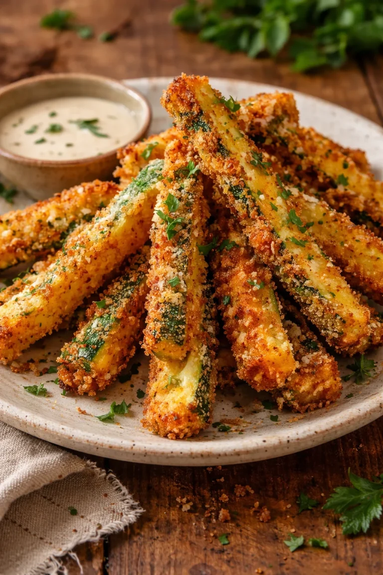 Baked zucchini fries served on a plate, crispy and golden brown.