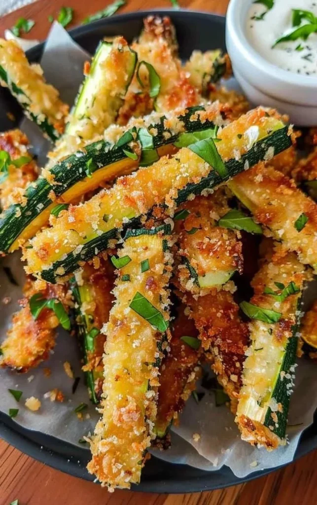 Baked zucchini fries served on a plate as a healthy snack option.