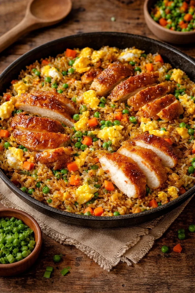 Bang Bang Chicken Fried Rice Plate of Bang Bang Chicken Fried Rice with vibrant vegetables and chicken pieces.