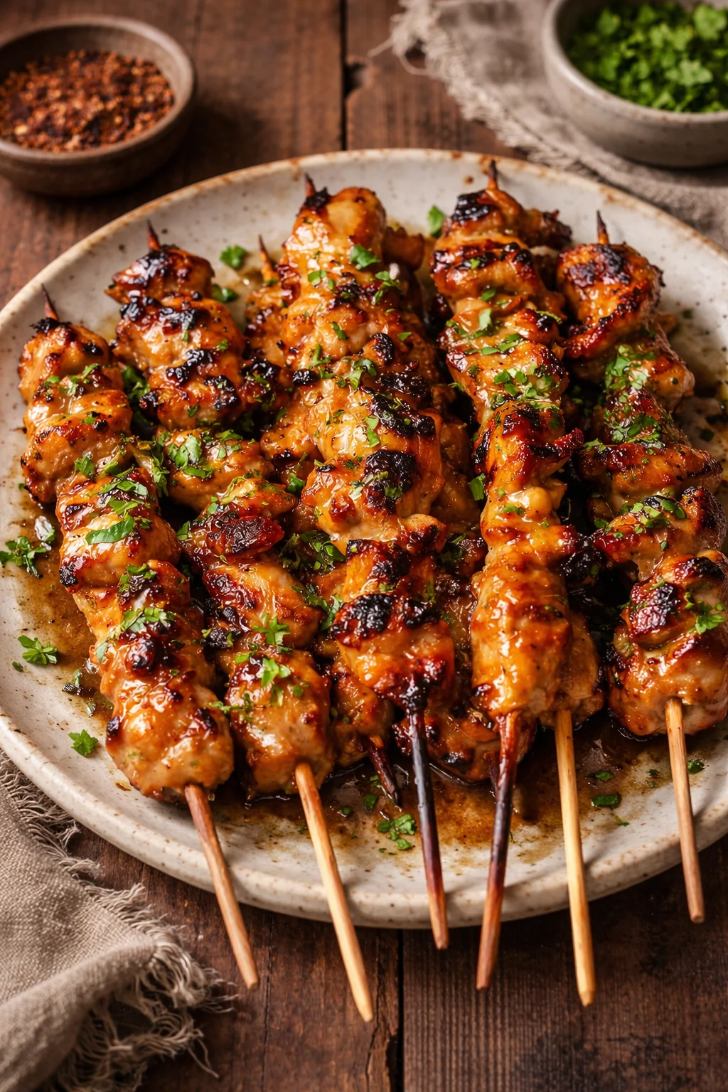 Bang Bang Chicken Skewers Delicious Bang Bang Chicken Skewers served with a spicy sauce.