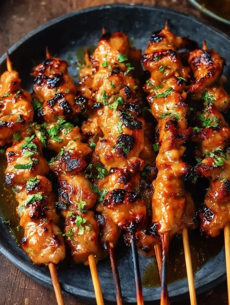 Delicious Bang Bang Chicken Skewers ready to be served with dipping sauce.