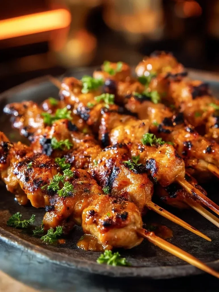 Bang Bang Chicken Skewers served on a plate with dipping sauce