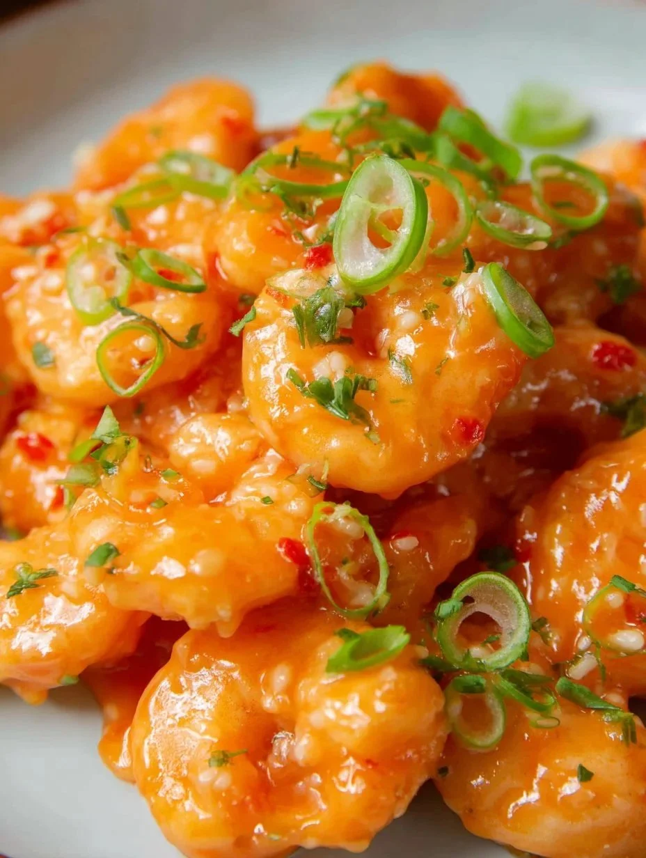 Plate of Bang Bang Shrimp topped with spicy sauce and garnished.