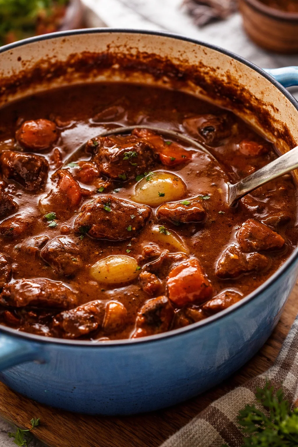 Delicious Beef Bourguignon stew served with vegetables and red wine.