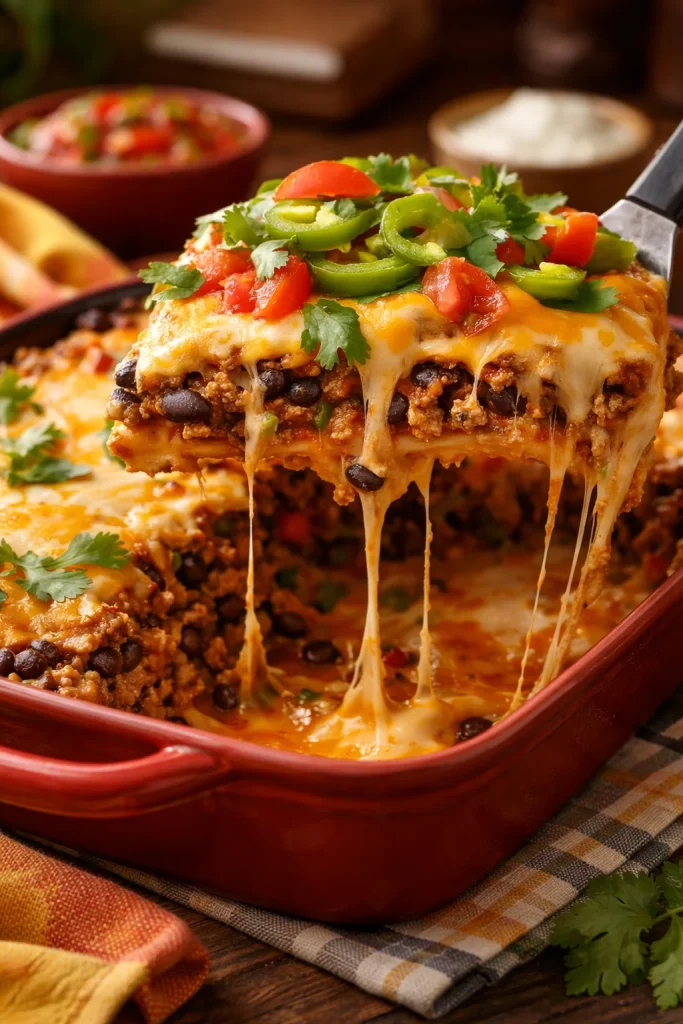 Delicious beef enchilada casserole topped with melted cheese and fresh herbs.