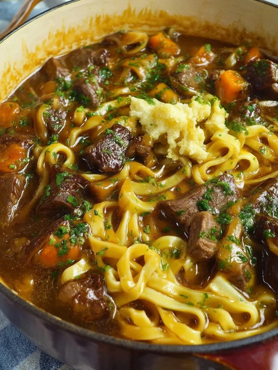Bowl of beef noodle soup with tender beef, fresh herbs, and savory broth.