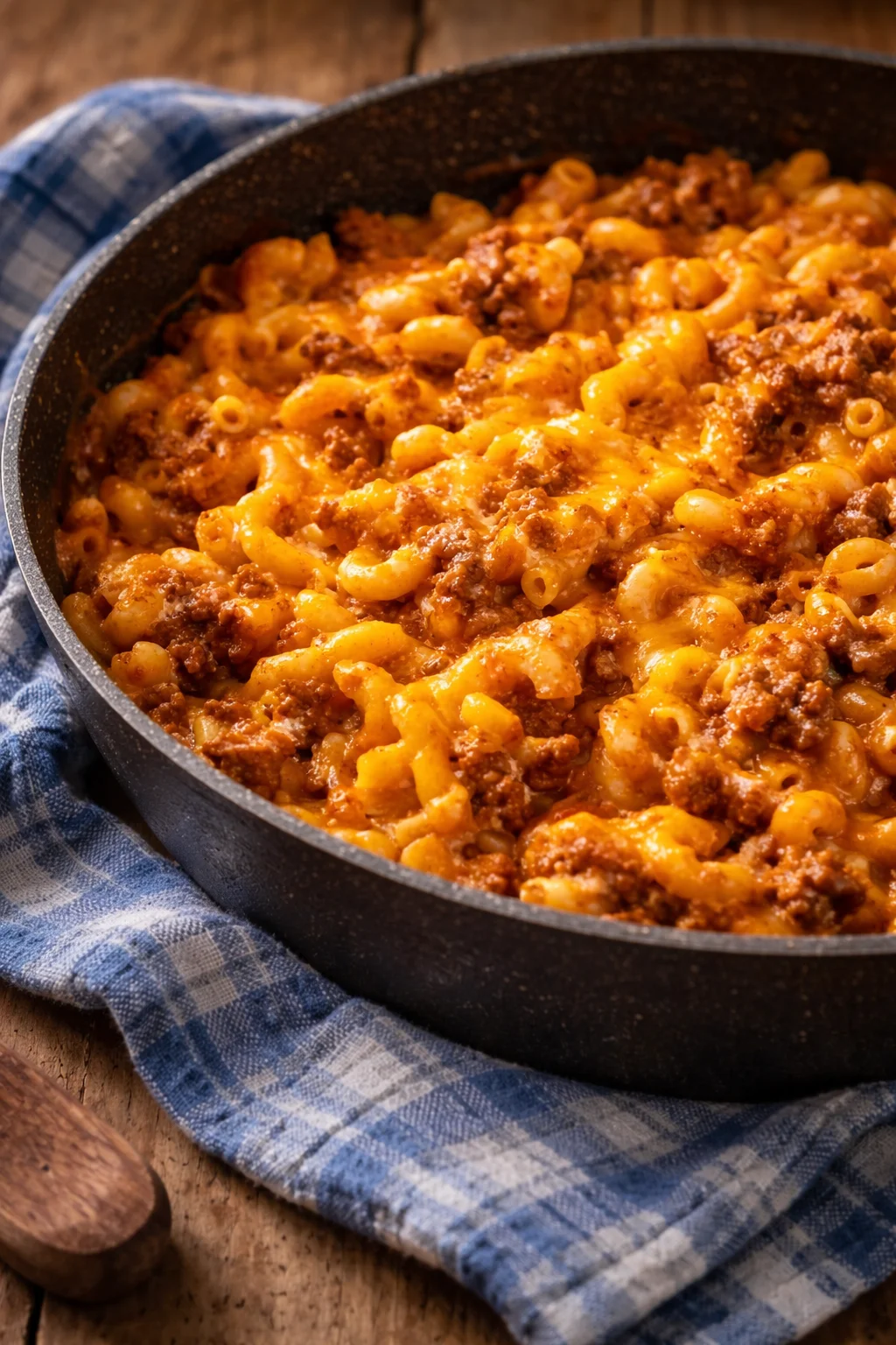 A bowl of Beefaroni, featuring pasta and beef in a savory sauce.
