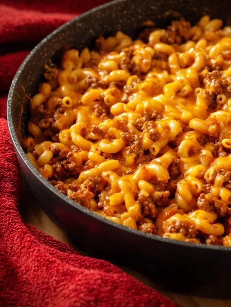 A bowl of homemade beefaroni with pasta and ground beef topped with cheese