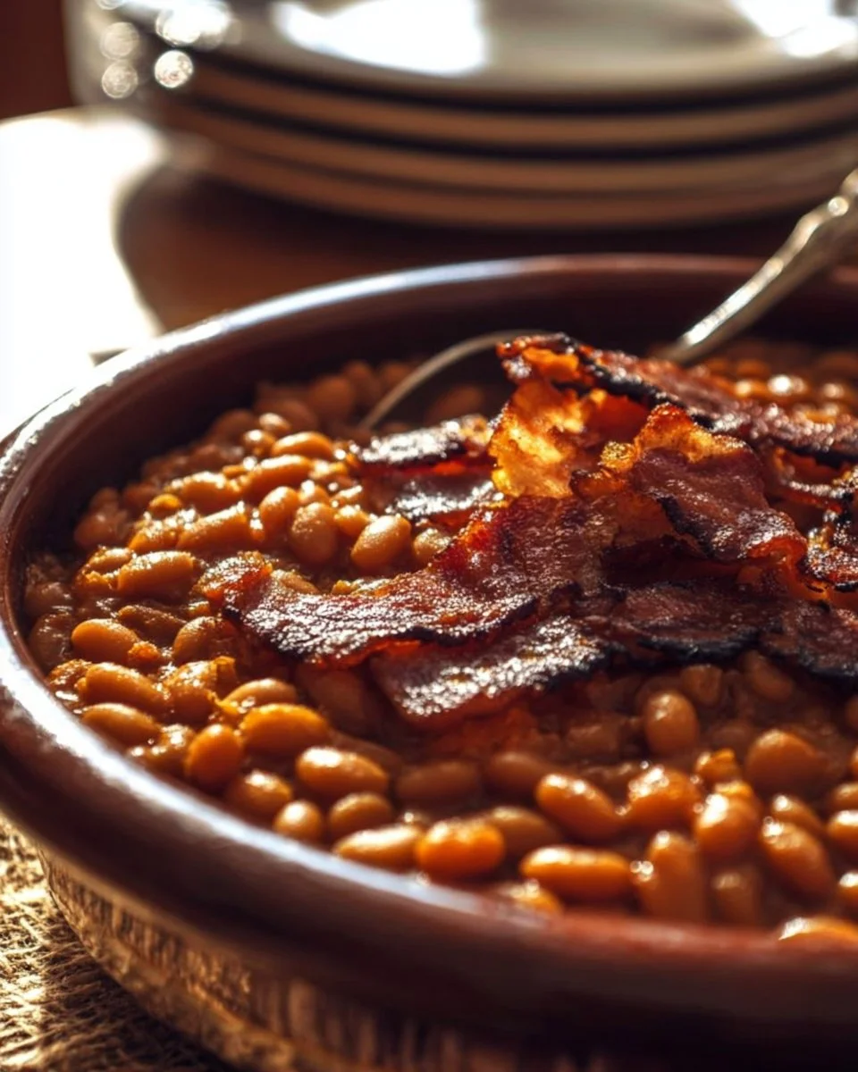 A bowl of the best baked beans garnished with herbs and spices.
