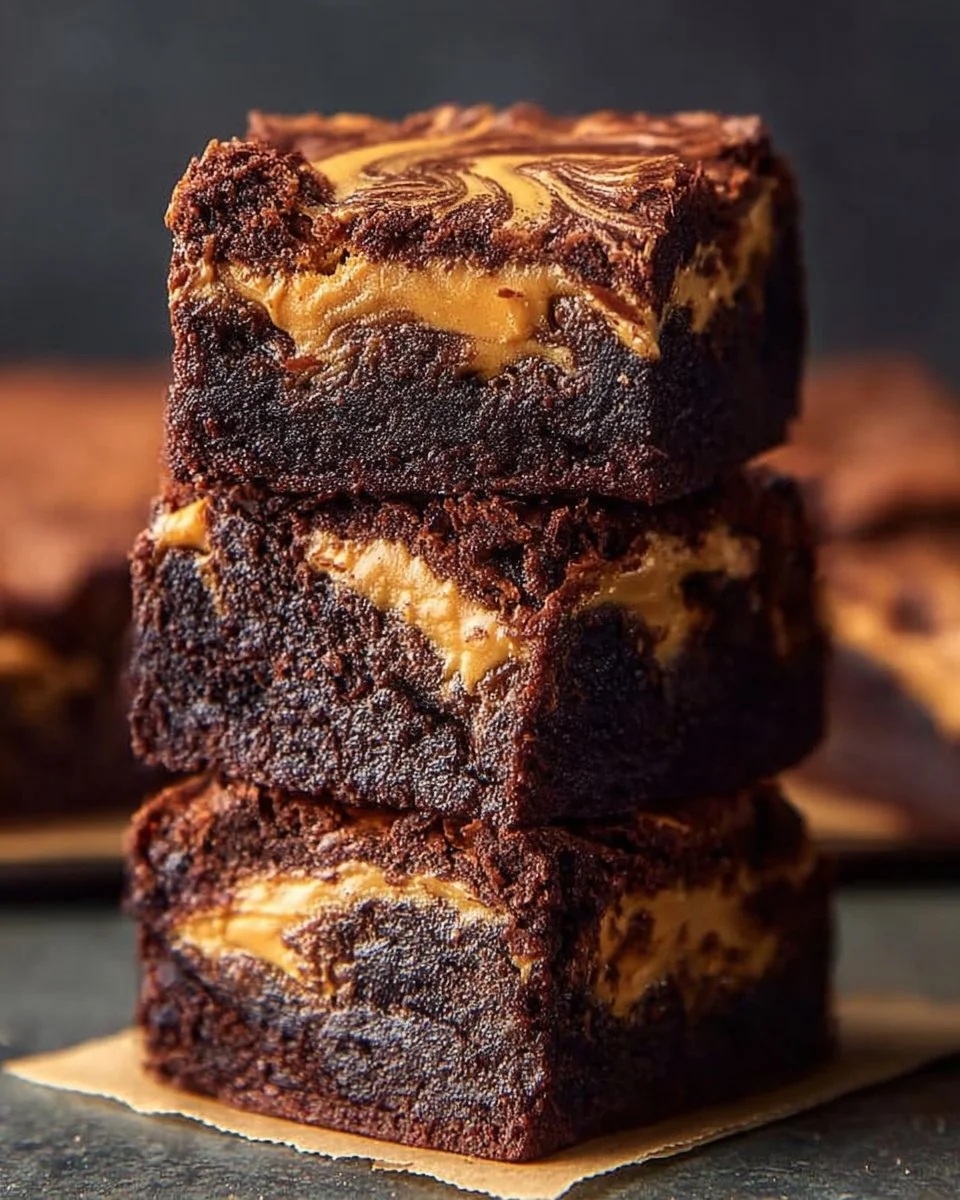 Delicious homemade peanut butter brownies topped with chocolate drizzle.