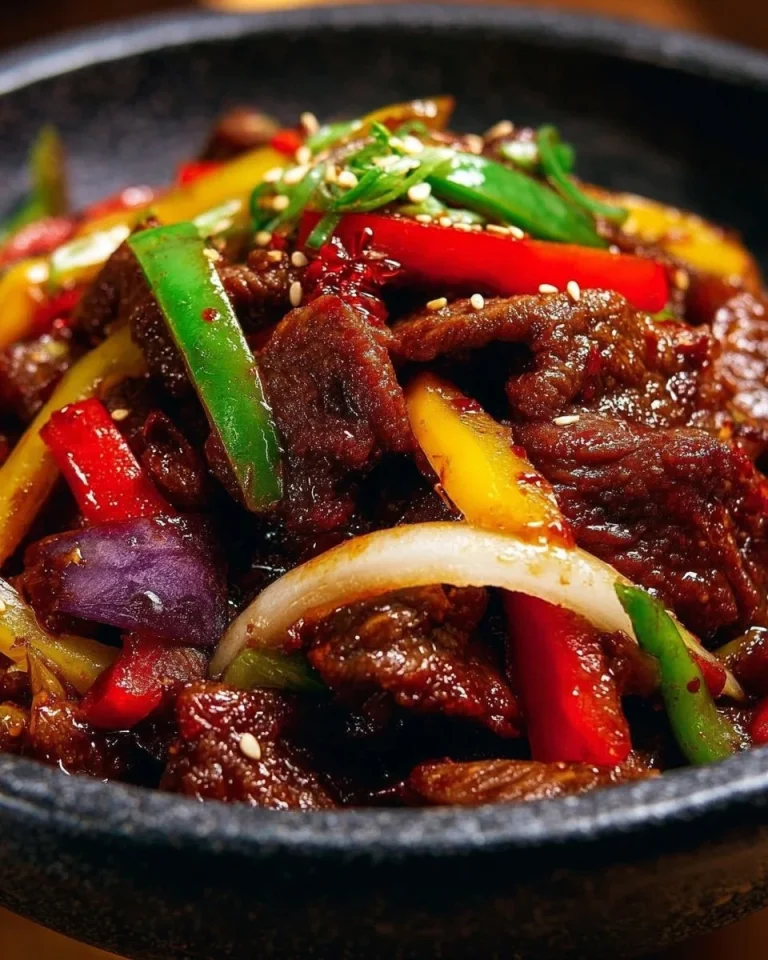 Delicious plate of homemade Beijing Beef with vibrant vegetables and sauce.