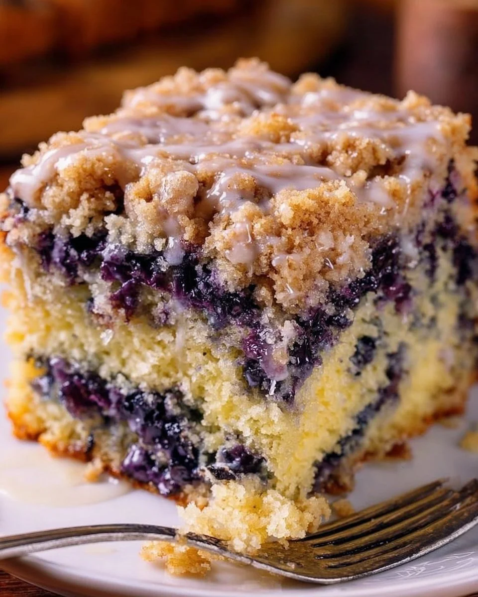 Freshly baked blueberry muffin buckle cake on a wooden table