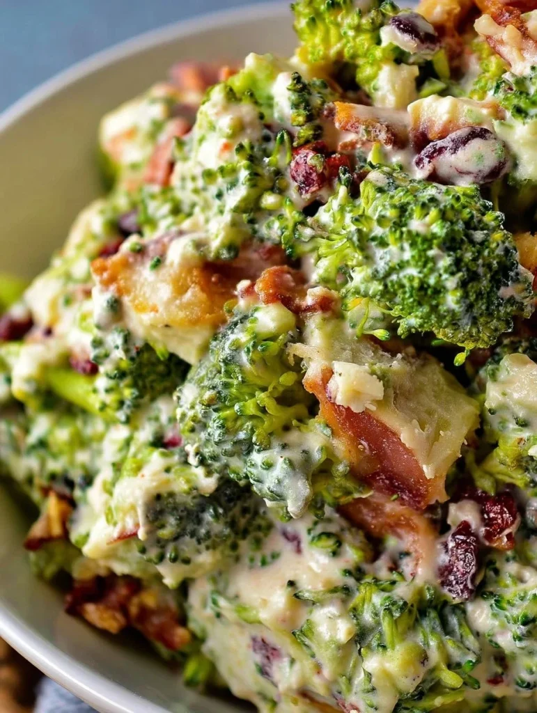 Fresh broccoli salad with colorful vegetables and dressing in a bowl.