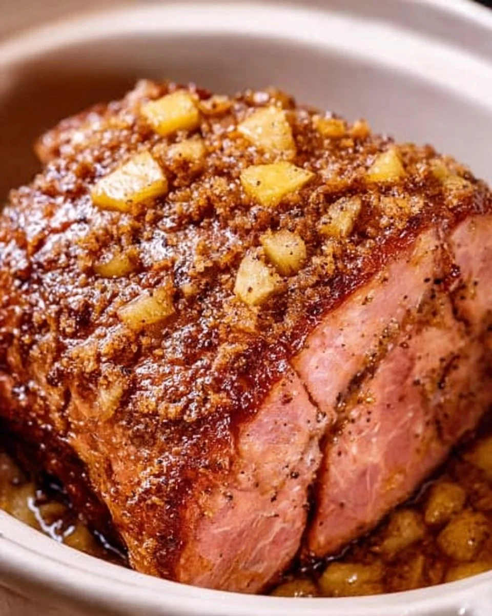 Brown sugar pineapple ham cooked in a Crock-Pot, garnished with pineapple slices.