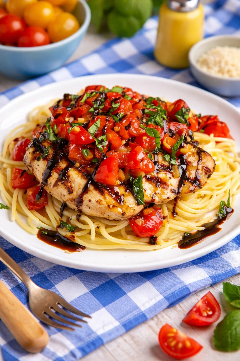 Bruschetta Chicken Plate of grilled Bruschetta Chicken topped with fresh tomatoes and basil