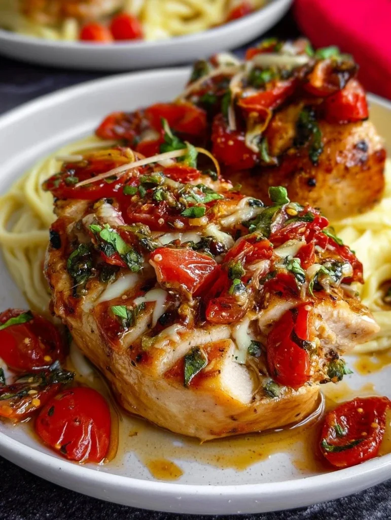 Delicious Bruschetta Chicken topped with fresh tomatoes and basil