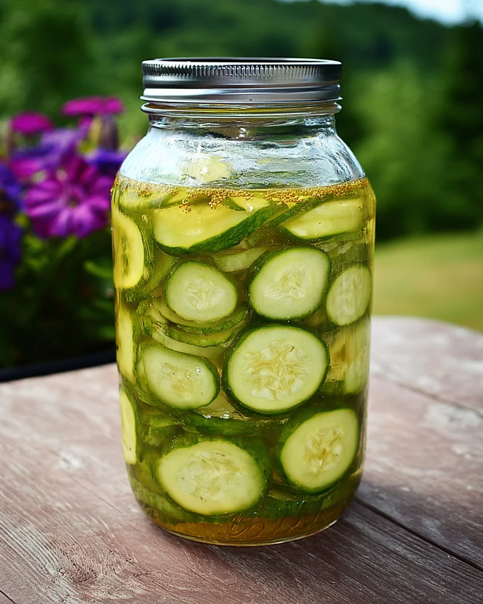 Jars filled with homemade bucket pickles in a rustic kitchen setting.