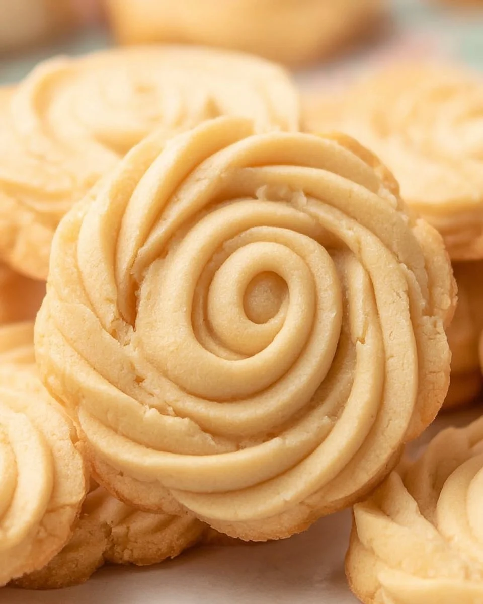 Tray of freshly baked butter cookies with golden edges and a buttery texture