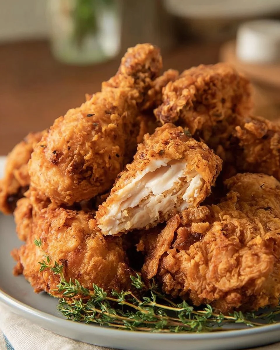 Delicious buttermilk fried chicken, crispy and golden-brown, served on a plate.