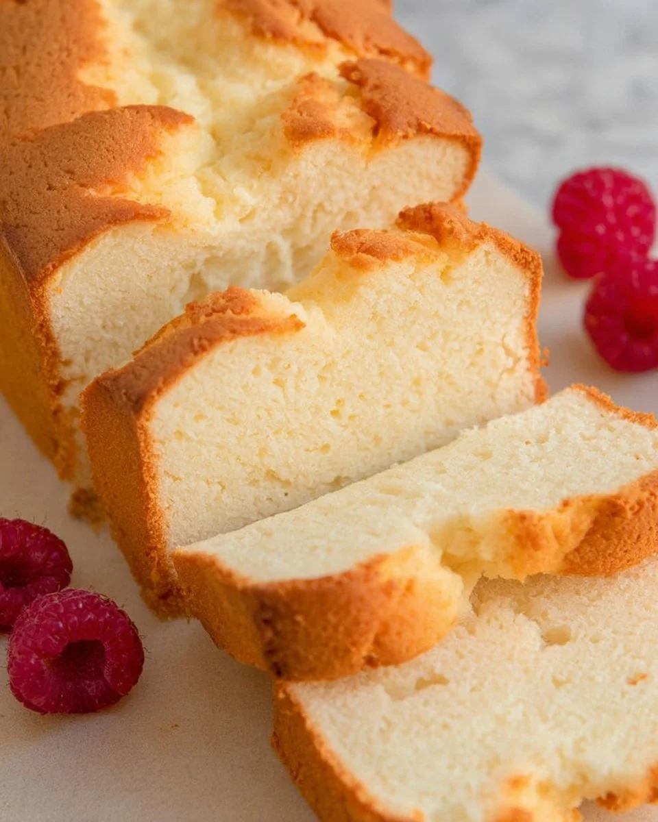 Homemade buttermilk pound cake served on a wooden table with fresh berries.