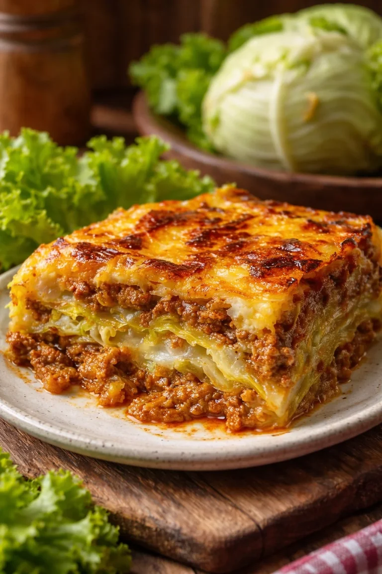 Delicious cabbage roll casserole served in a baking dish with toppings.