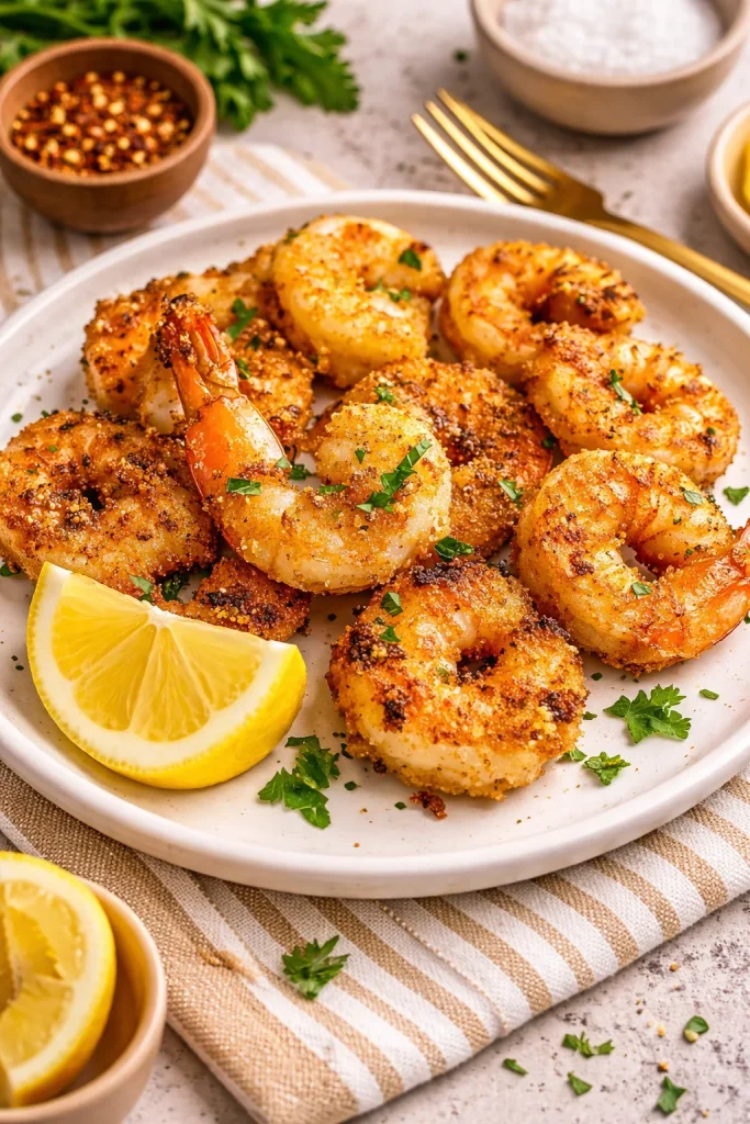 Plate of Cajun grilled shrimp with spices and herbs on a rustic table