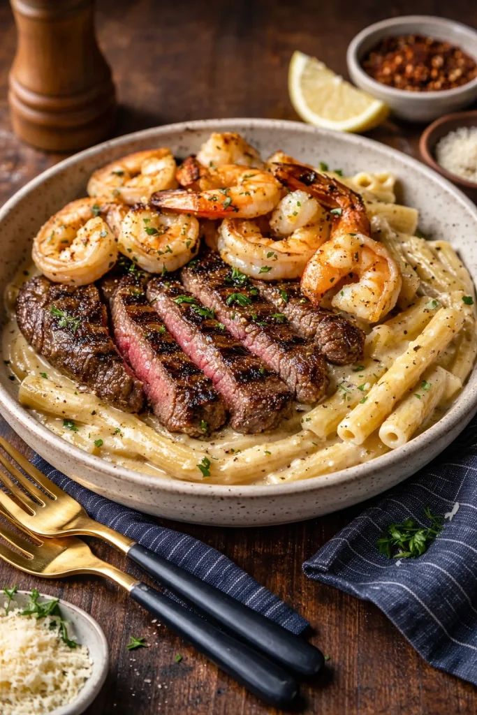 Cajun Shrimp and Steak Alfredo Pasta Cajun Shrimp and Steak Alfredo Pasta