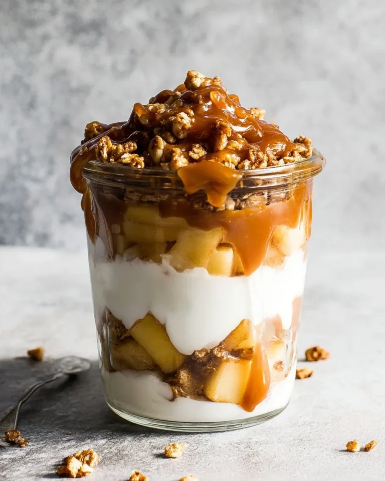 Caramel Apple Crisp Yogurt Parfait with layers of caramel and apple slices