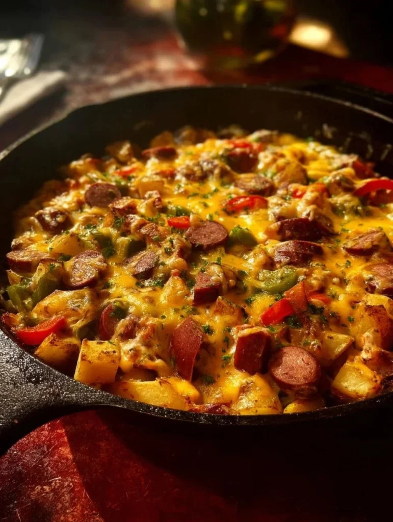 Cheese Potato Casserole with Smoked Sausage served in a baking dish