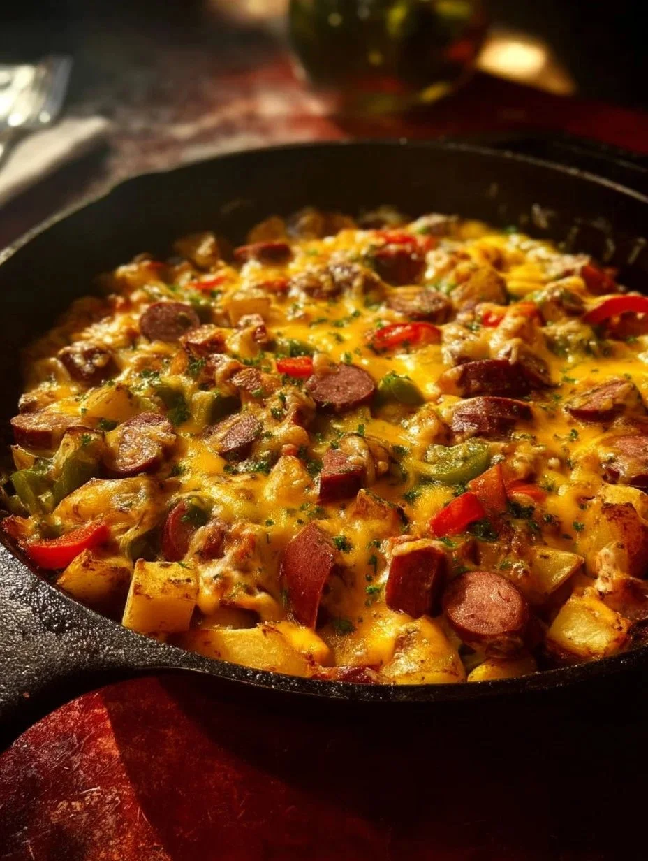 Cheese Potato Casserole with Smoked Sausage served in a baking dish