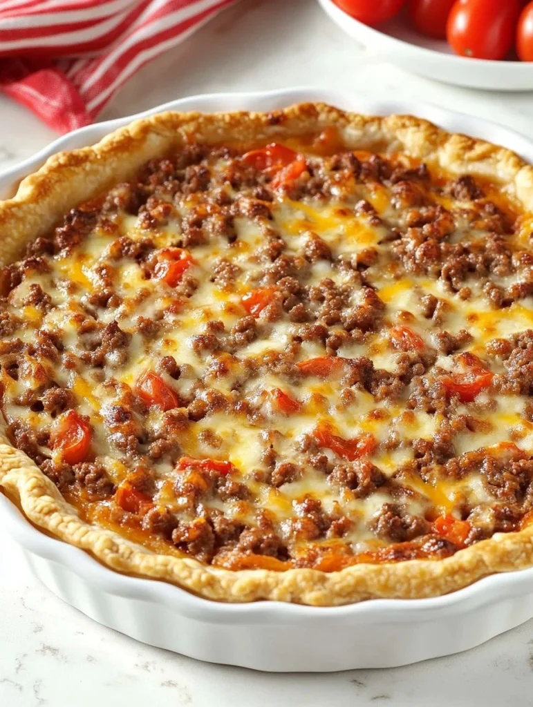 Delicious cheeseburger pie served in a dish, topped with cheese and herbs.
