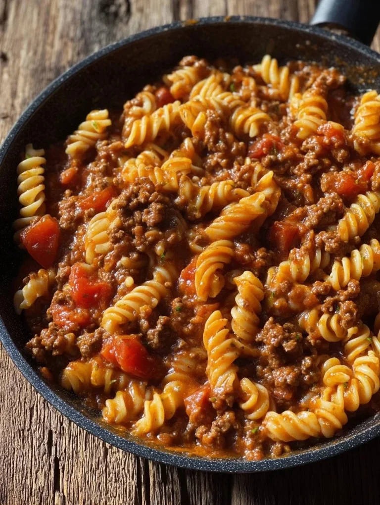 Cheesy beef and macaroni dish served in a bowl