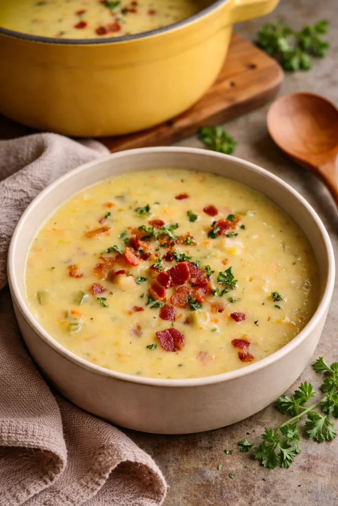 Bowl of cheesy cauliflower soup topped with cheese and herbs.