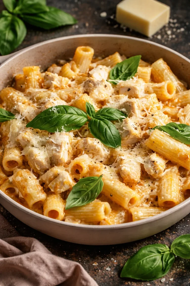 Cheesy chicken parmesan pasta bake with chicken and marinara sauce