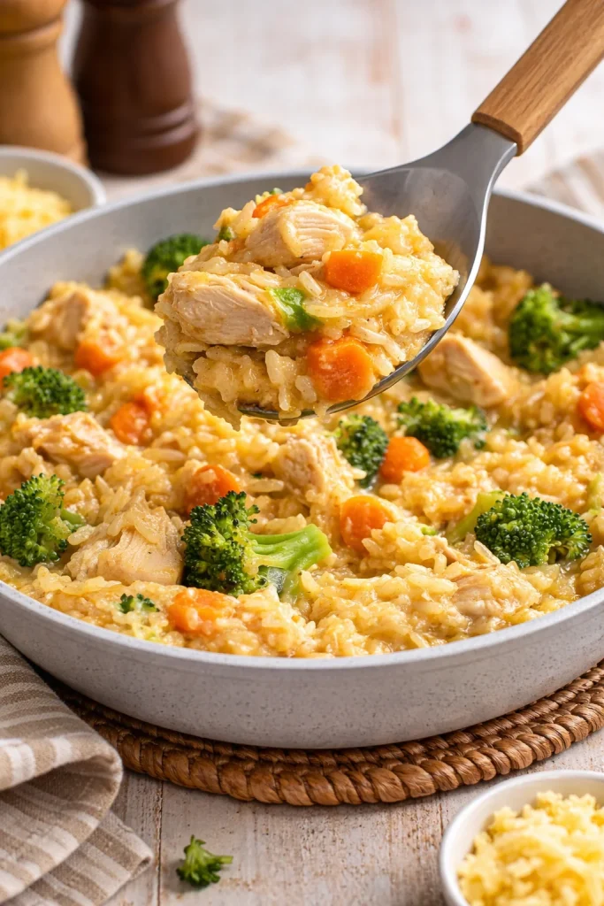 Delicious cheesy chicken and rice casserole in a baking dish