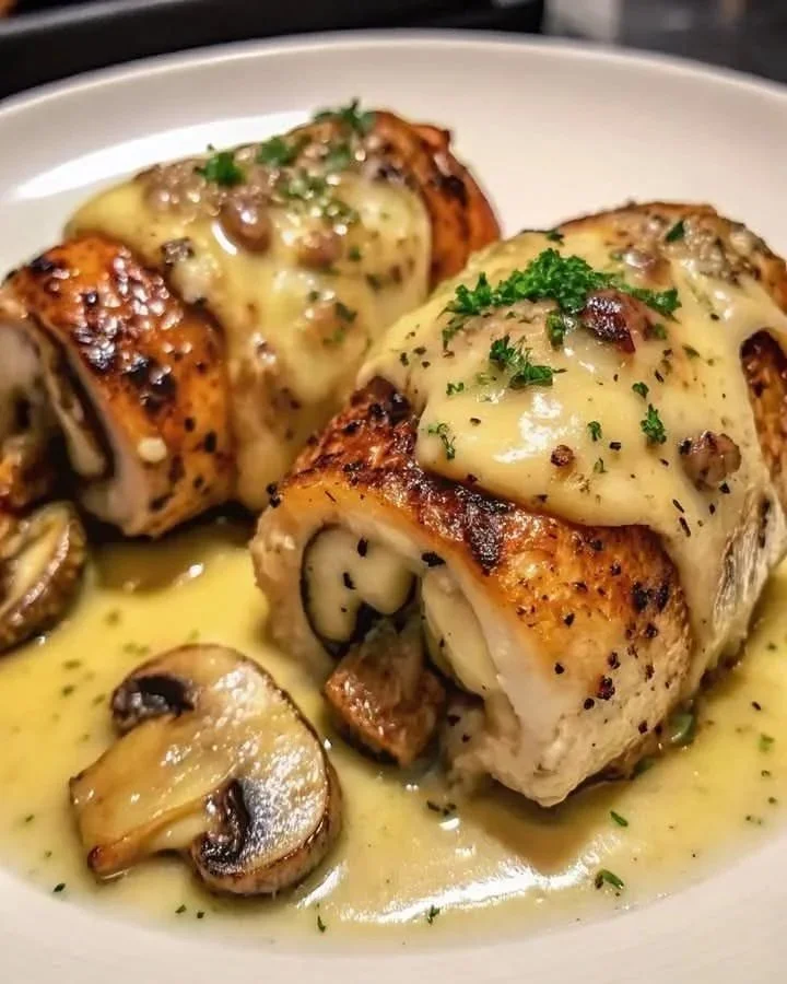 Cheesy Garlic Butter Mushroom Stuffed Chicken on a plate garnished with herbs.