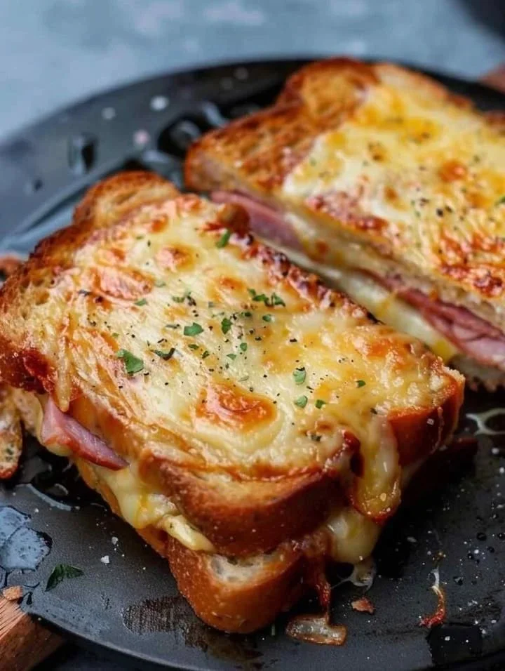 Cheesy ham and egg toast served on a plate with herbs