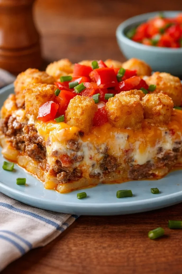 Cheesy Tater Tot Casserole topped with melted cheese and crispy tater tots