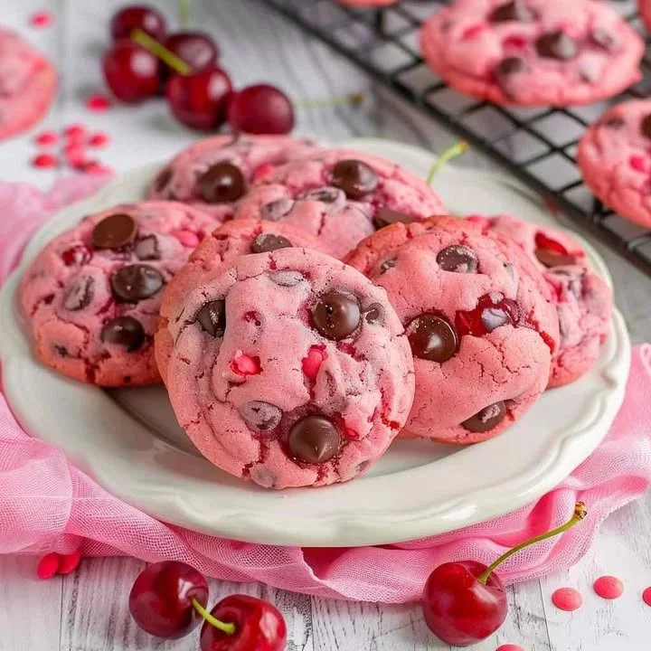 Cherry Chocolate Chip Cookies Freshly baked cherry chocolate chip cookies on a cooling rack