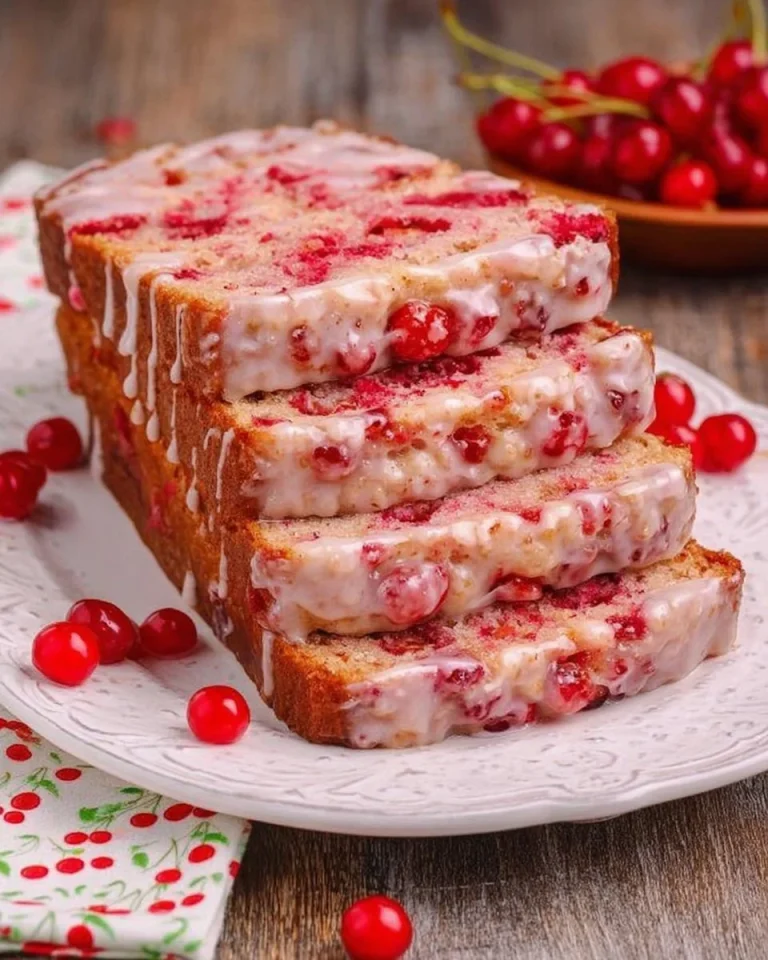 Delicious Cherry Garcia loaf cake topped with cherries and chocolate swirls.