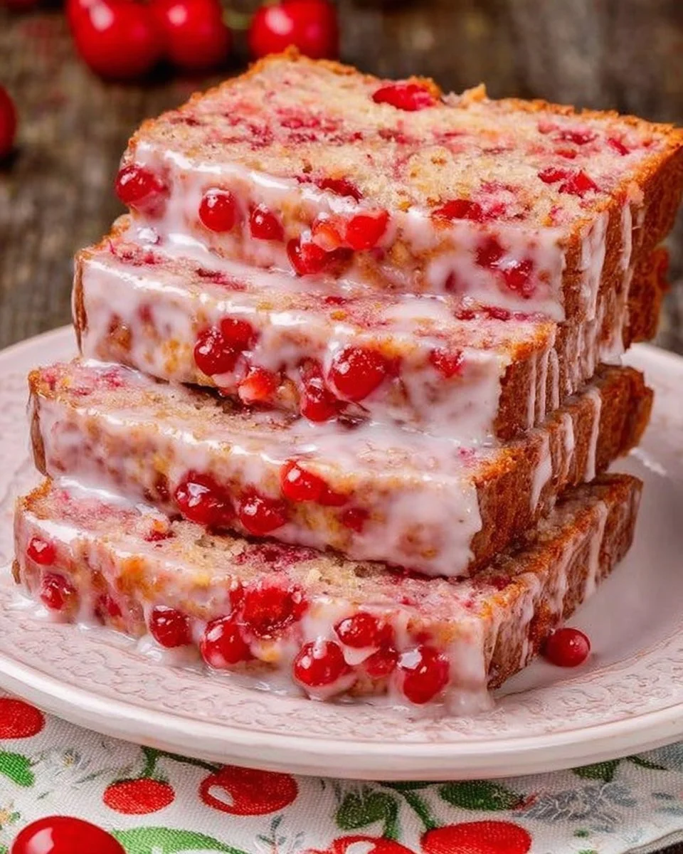 Slice of Cherry Garcia Loaf Cake with cherries and chocolate chunks