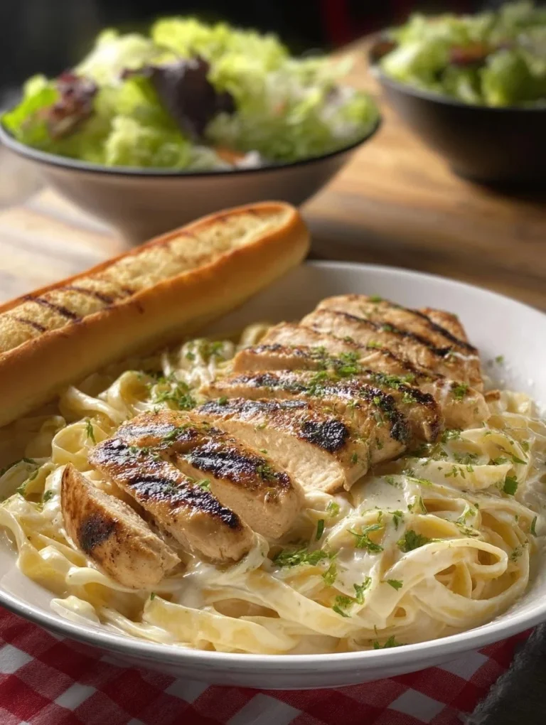 Chicken Alfredo with Fettuccini Creamy Chicken Alfredo served with fettuccini pasta topped with grated parmesan.