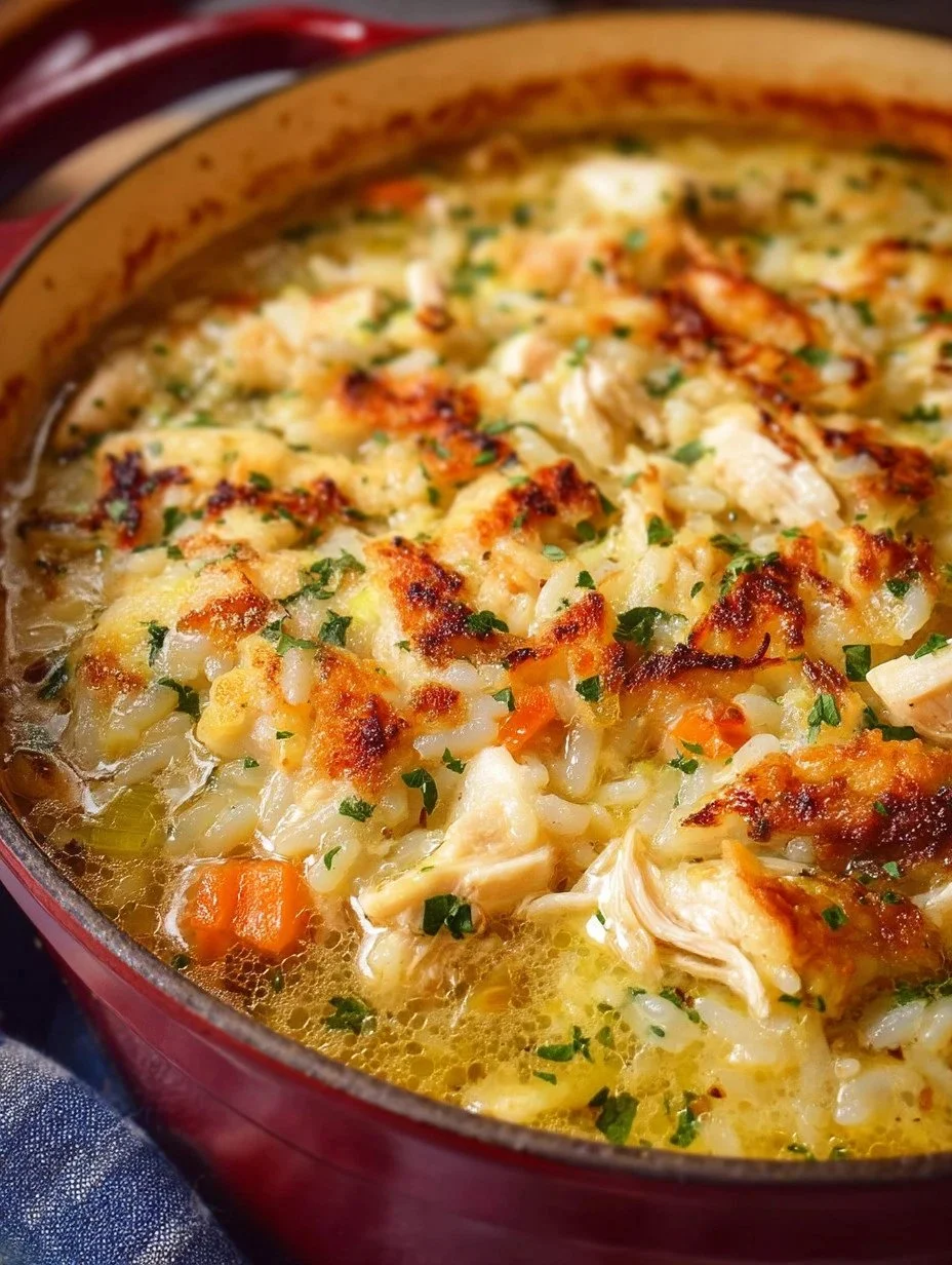 Bowl of Chicken Rice Soup with fresh vegetables and herbs
