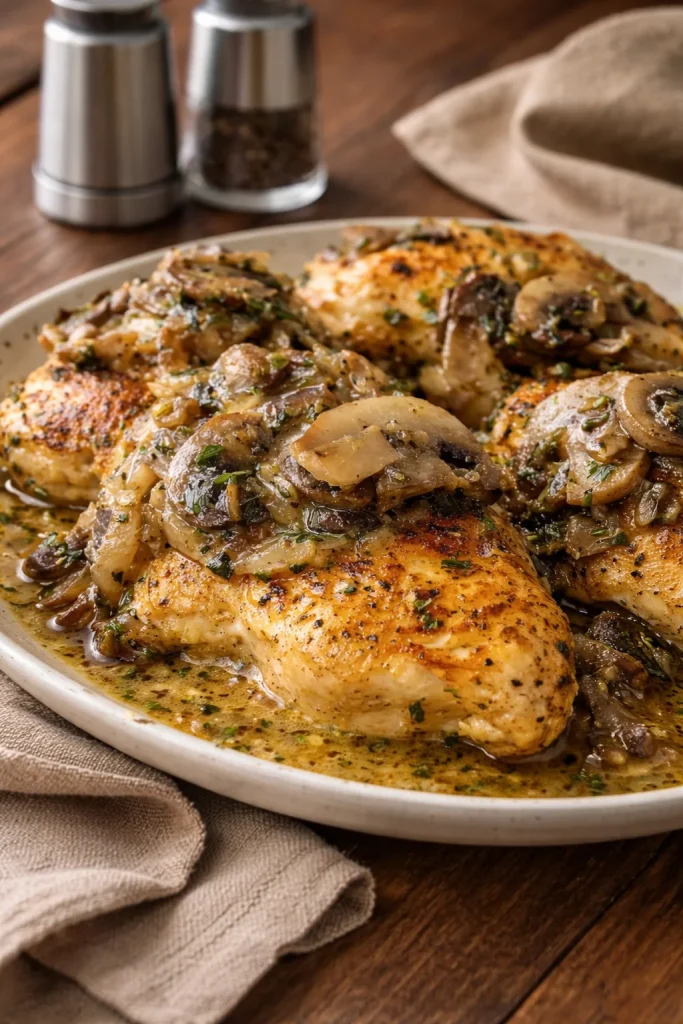 Chicken breasts topped with mushroom and onion Dijon sauce on a plate