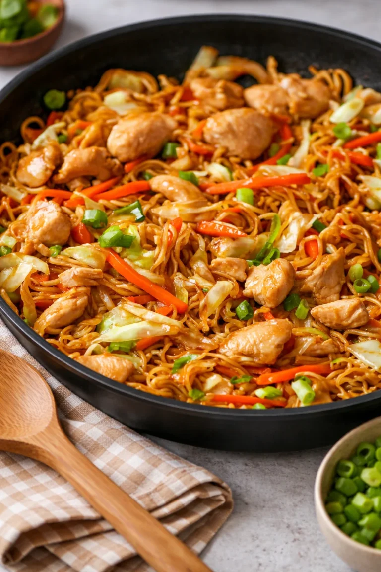 Delicious Chicken Chow Mein served with vegetables and noodles